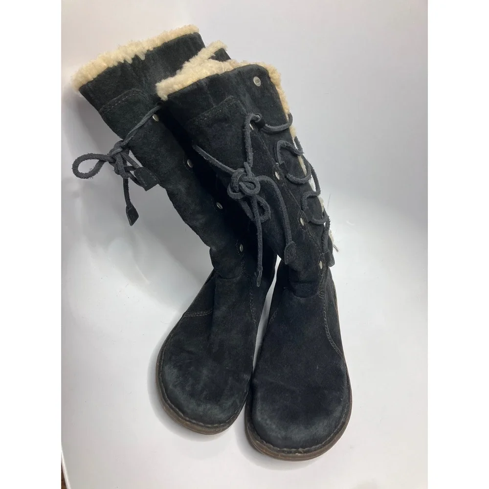 UGG Sunburst Tall Boots Womens 7 Black Good Suede Sheepskin Lace Up 5153